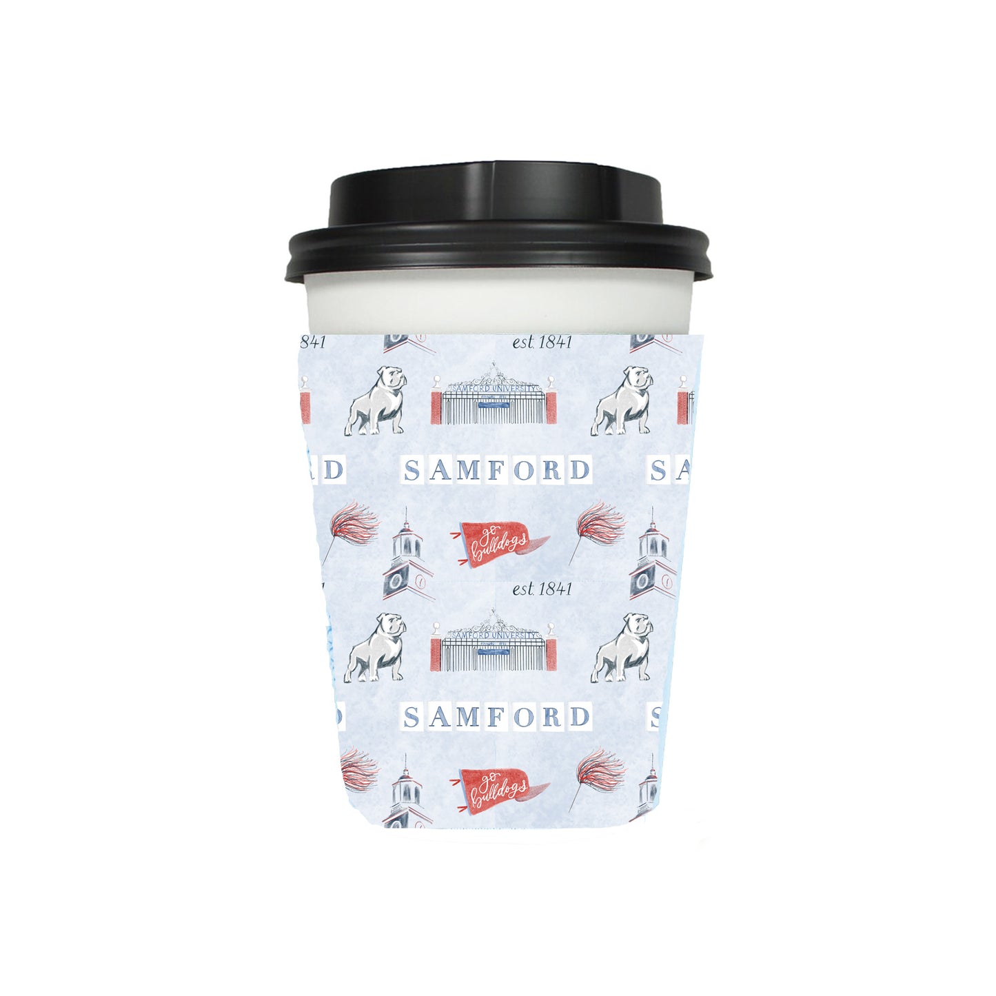 Light blue coffee sleeve with watercolor symbols themed to Samford University printed on it.