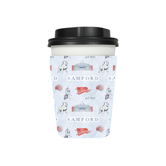 Light blue coffee sleeve with watercolor symbols themed to Samford University printed on it.