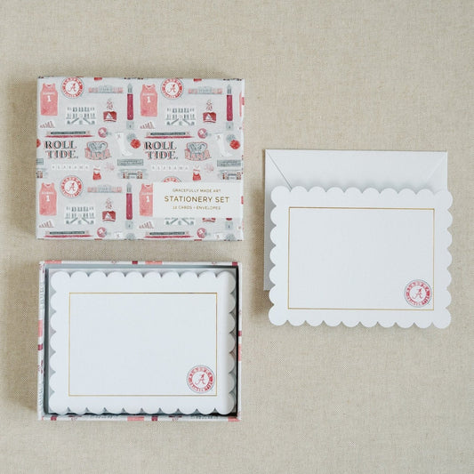 White notecards with a scalloped edge, gold detail, and University of Alabama logo.