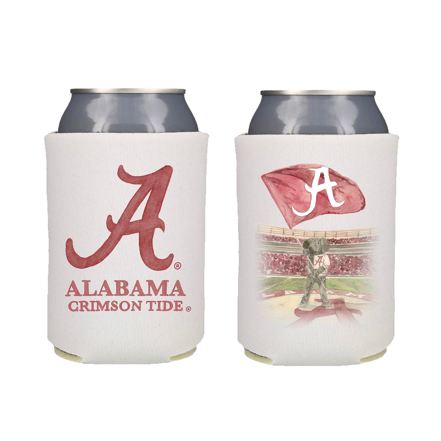 White Koozie with watercolor University of Alabama logo on one side and Big Al on the other side.