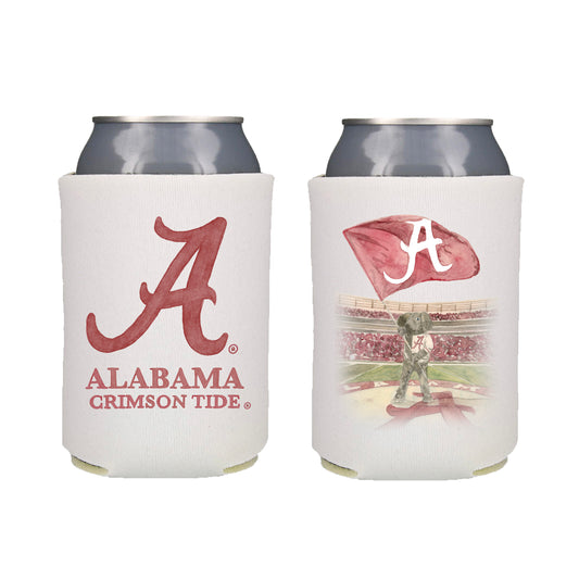 White Koozie with watercolor University of Alabama logo on one side and Big Al on the other side.