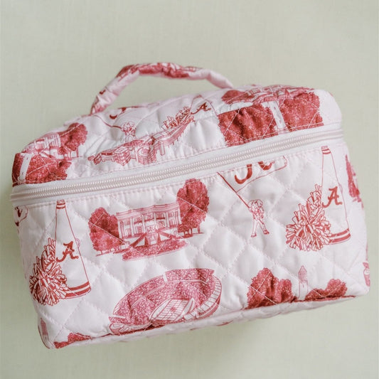 White Make Up Bag with red University of Alabama symbols and a handle on the top.