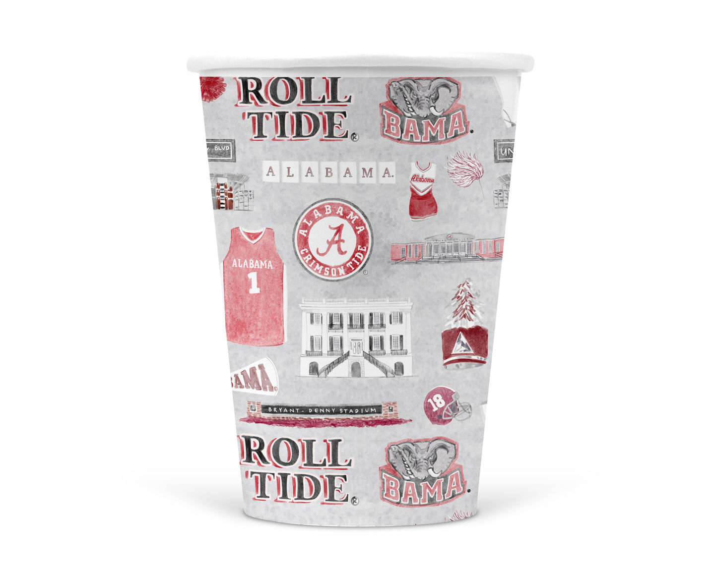 Light grey with watercolor University of Alabama symbols on them.