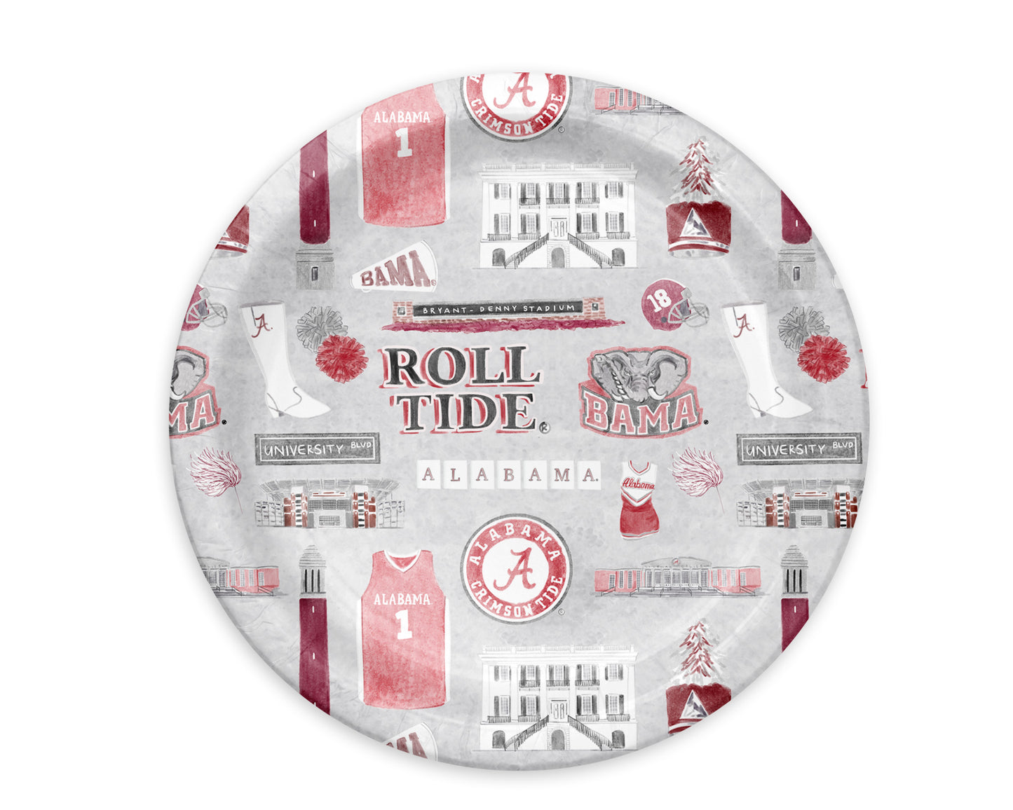 Light grey paper plate with watercolor University of Alabama symbols.