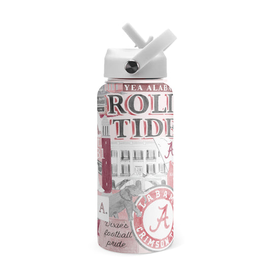 32 ounce Insulated Water Bottle with watercolor pattern of Alabama symbols and a white lid.