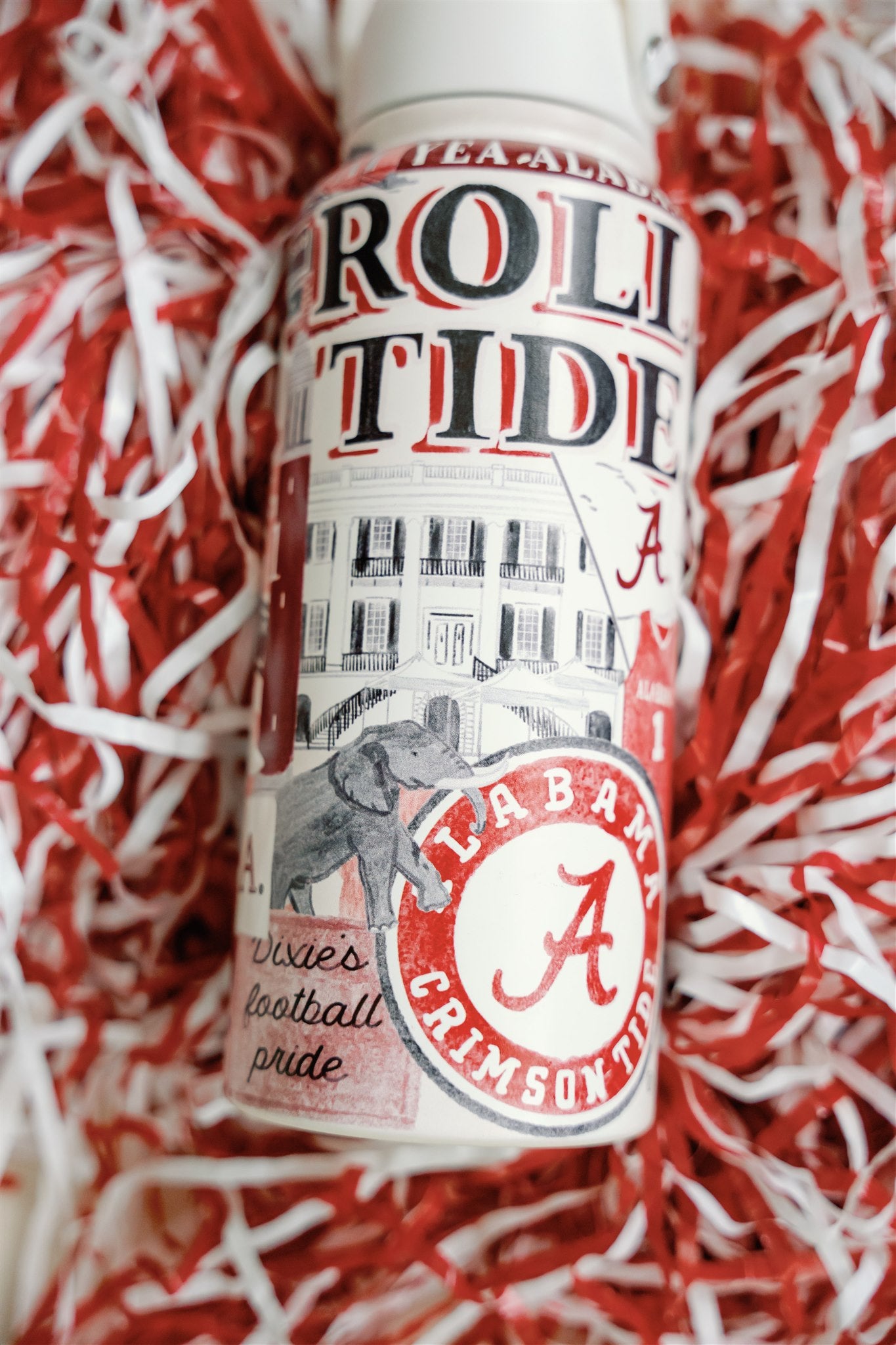 32 ounce Insulated Water Bottle with watercolor pattern of Alabama symbols and a white lid.