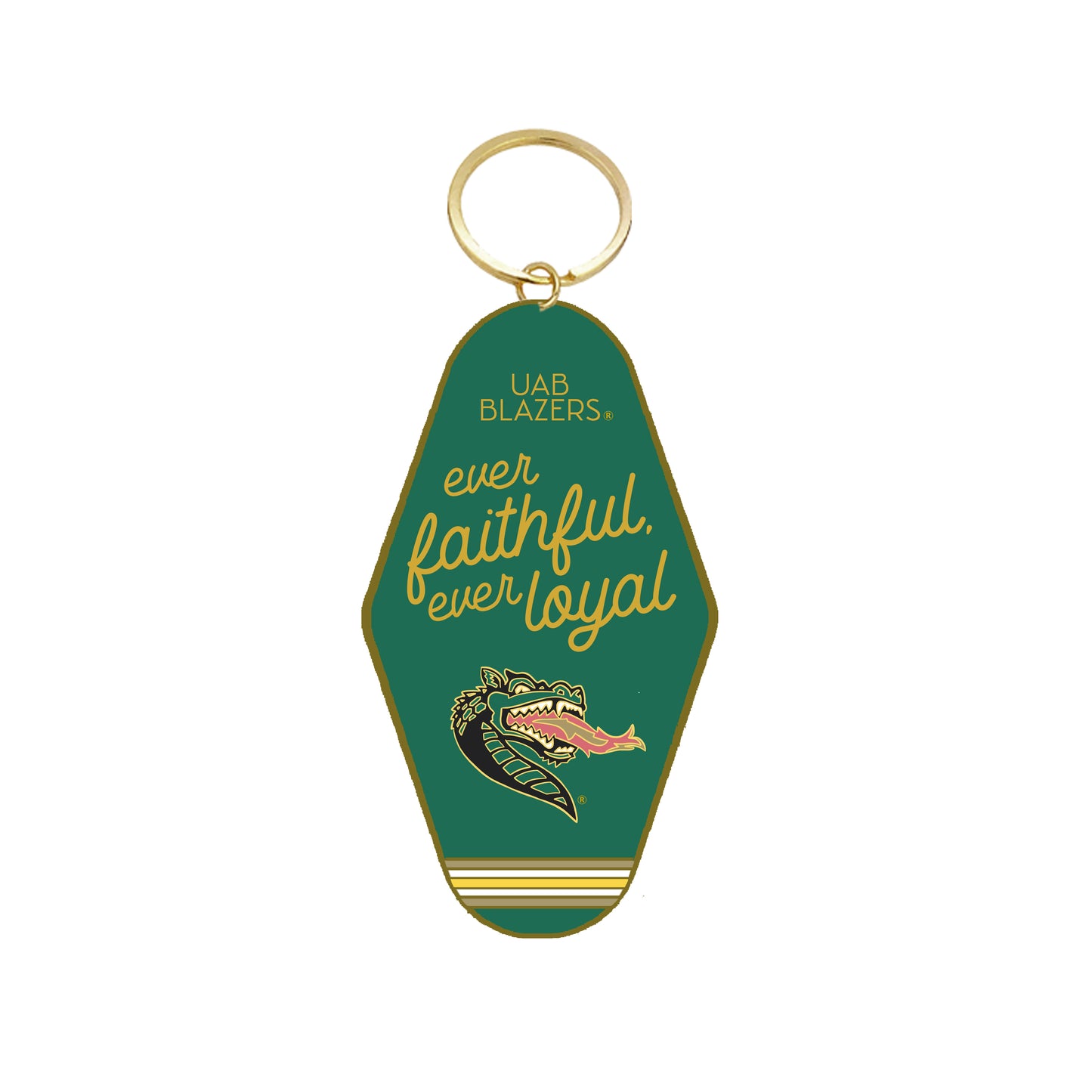 Green enamel keychain with "ever faithful ever loyal" and the UAB mascot on it in gold.