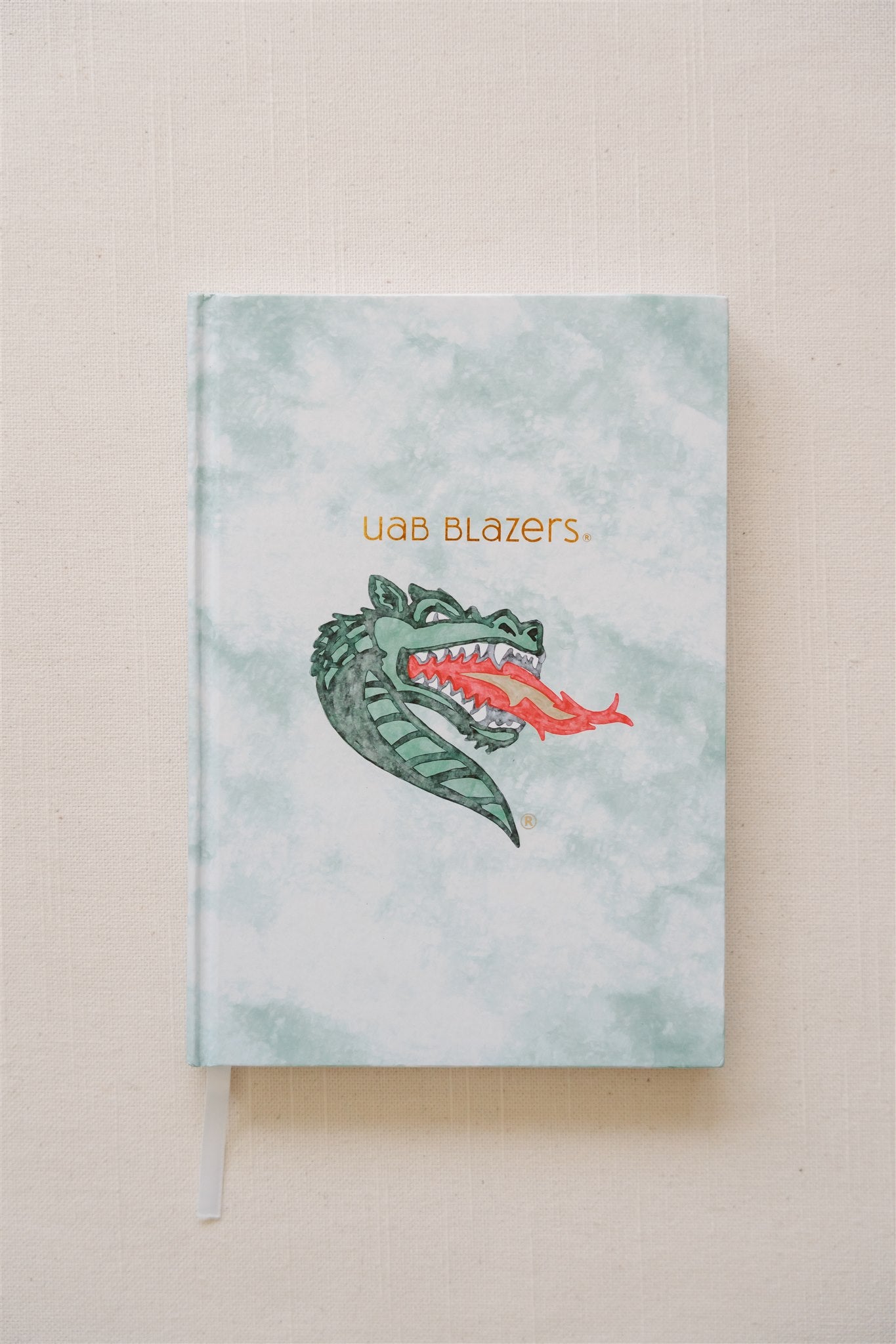 Light green hardcover notebook with a watercolor UAB mascot and "UAB Blazers" on the front.