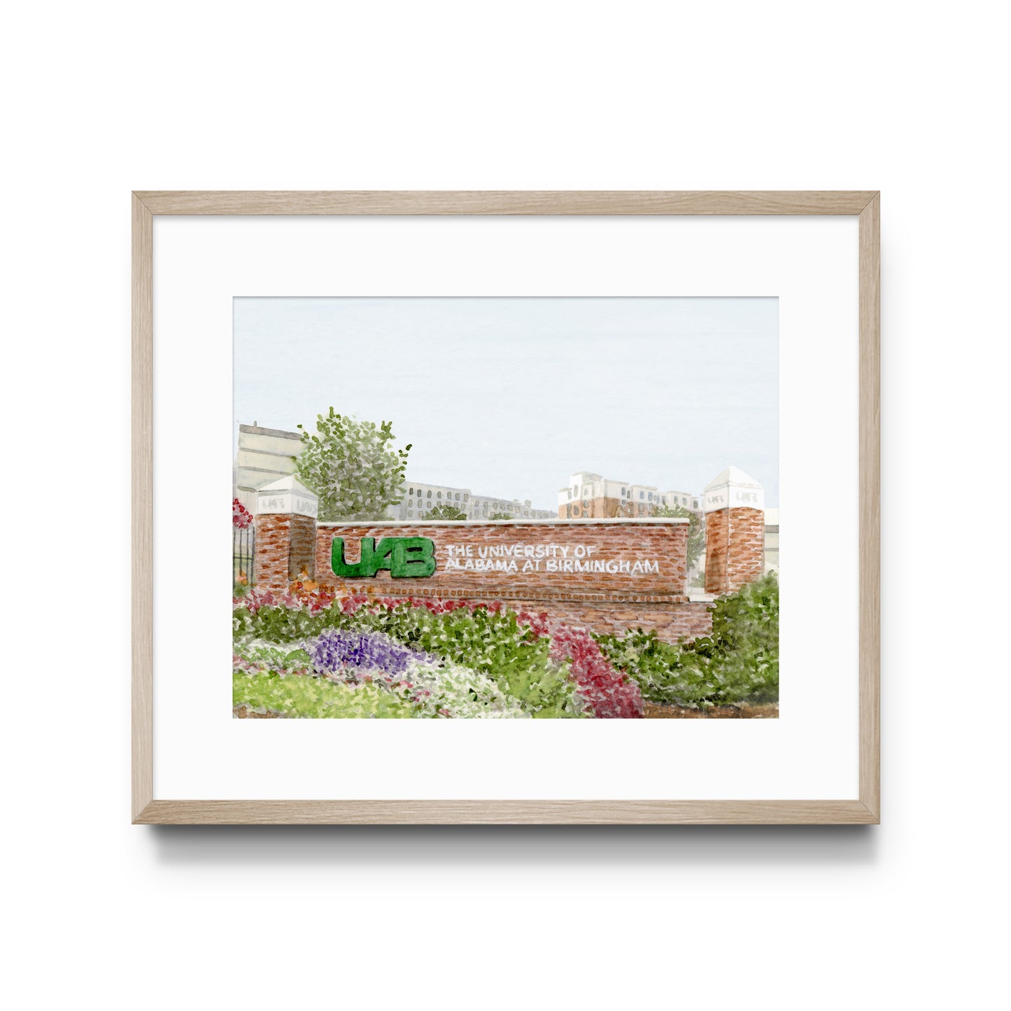 Watercolor art print of the UAB college sign.