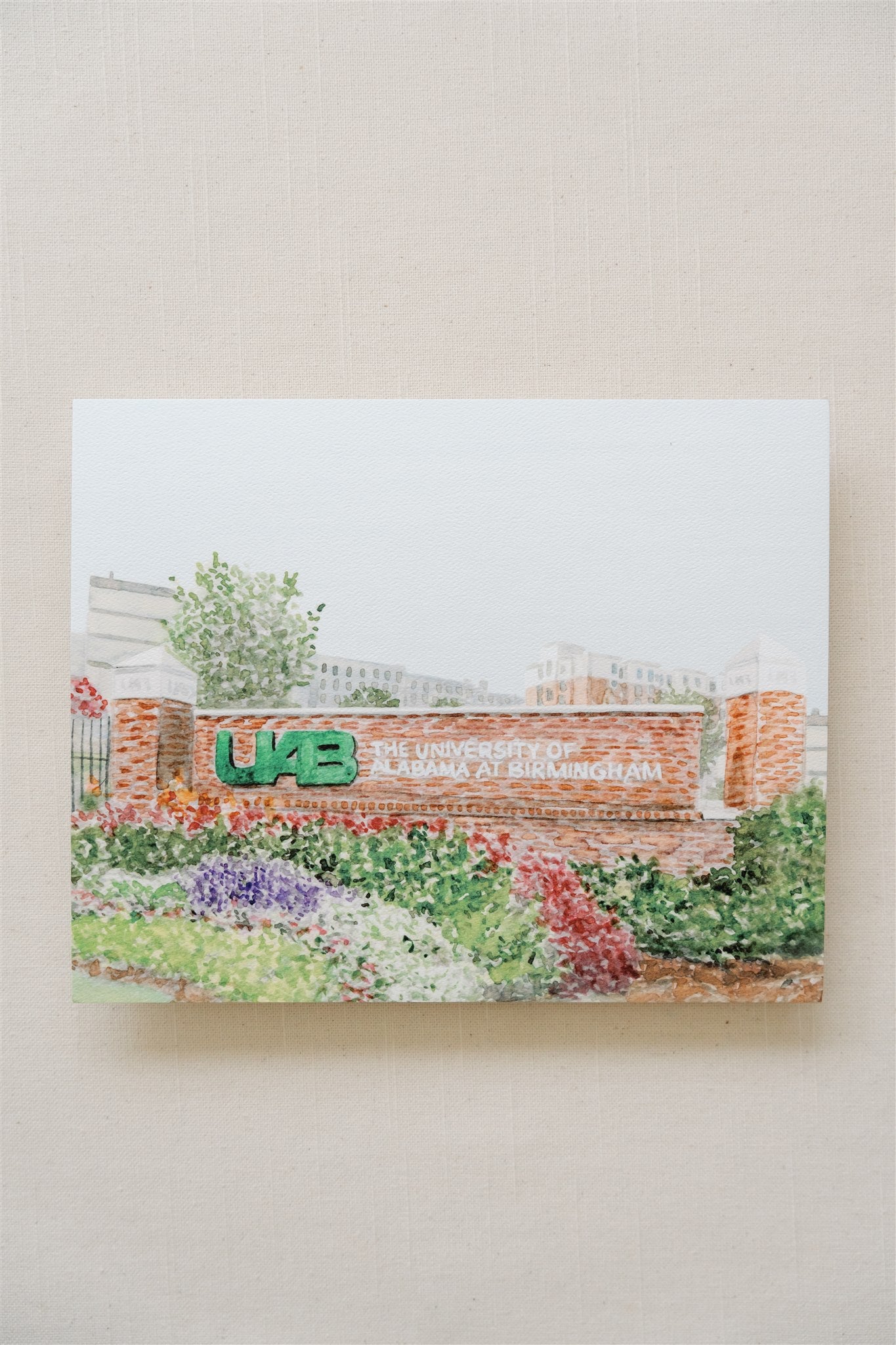 Watercolor art print of the UAB college sign.