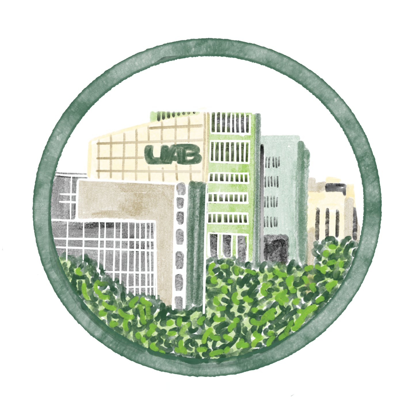 Watercolor sticker of the UAB campus.