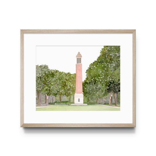 Watercolor print of University of Alabama's landmark, Denny Chimes.