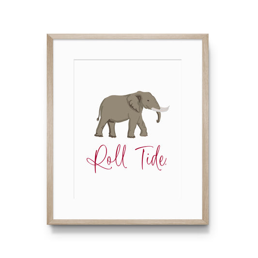 Print of an elephant with "roll tide" written underneath it.