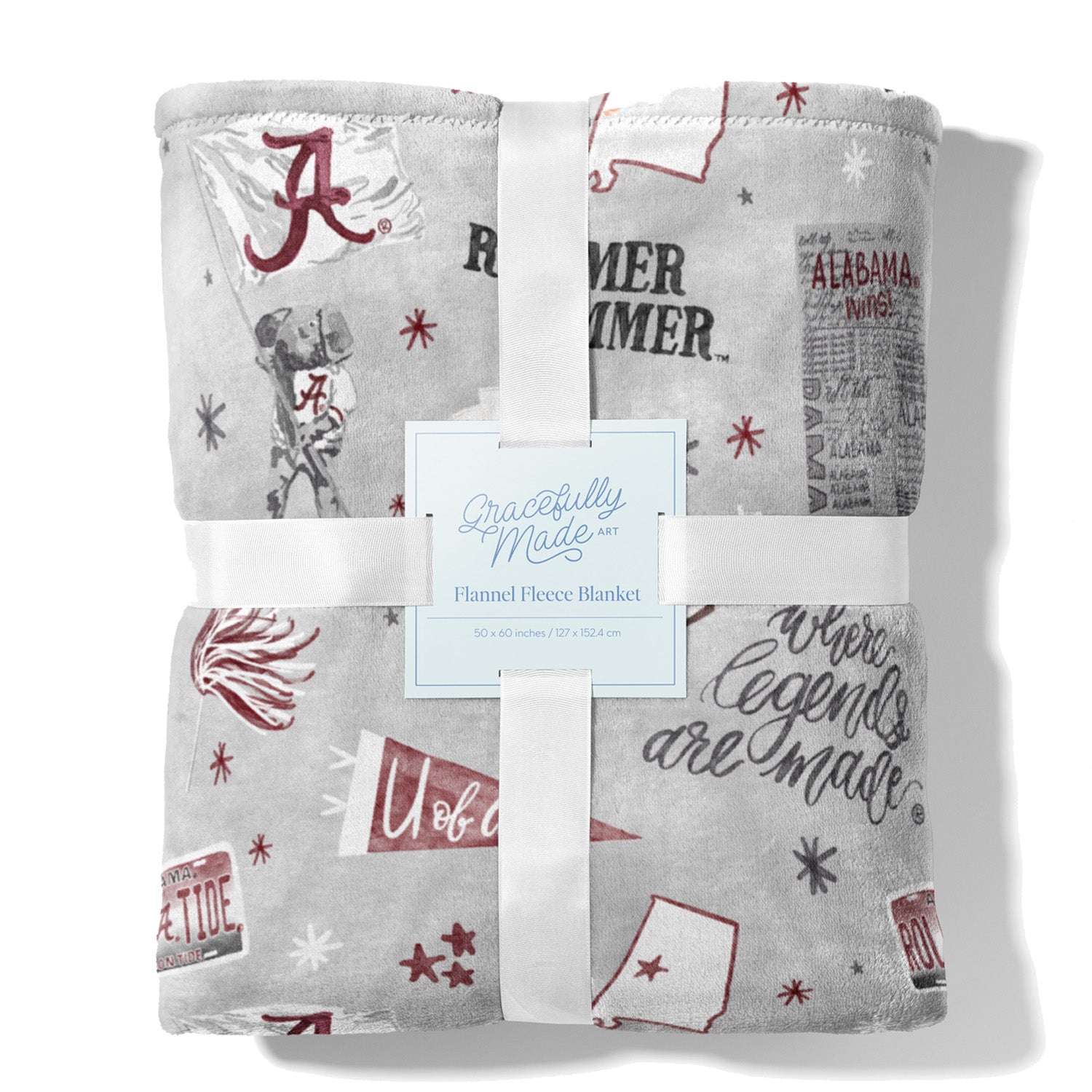 Light grey flannel fleece blanket themed to University of Alabama.