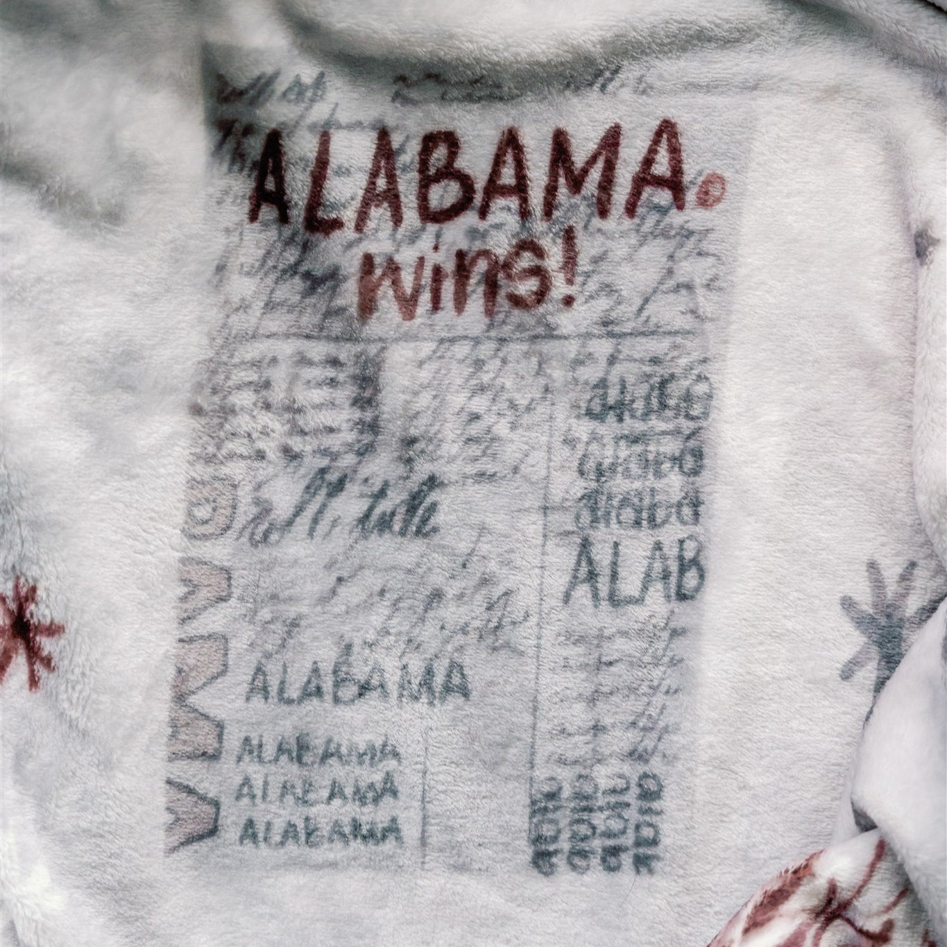 Light grey flannel fleece blanket themed to University of Alabama.