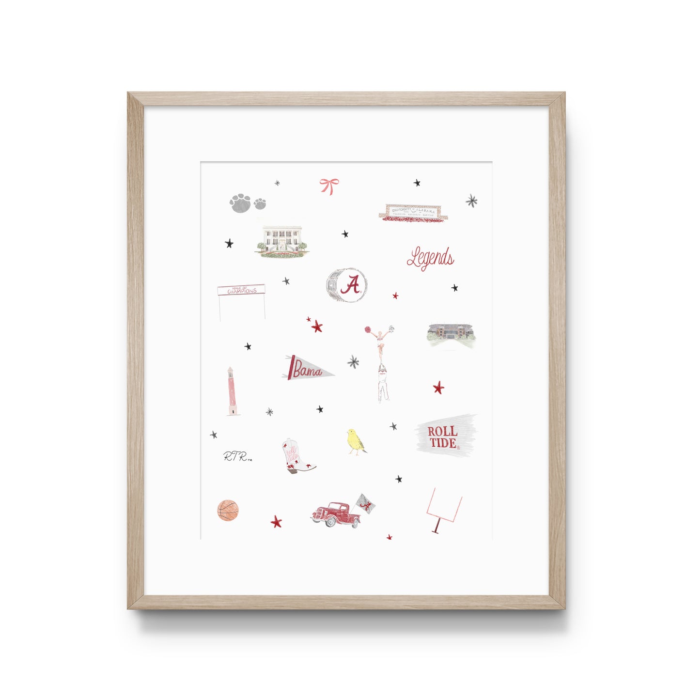 Watercolor print of University of Alabama landmarks & icons.