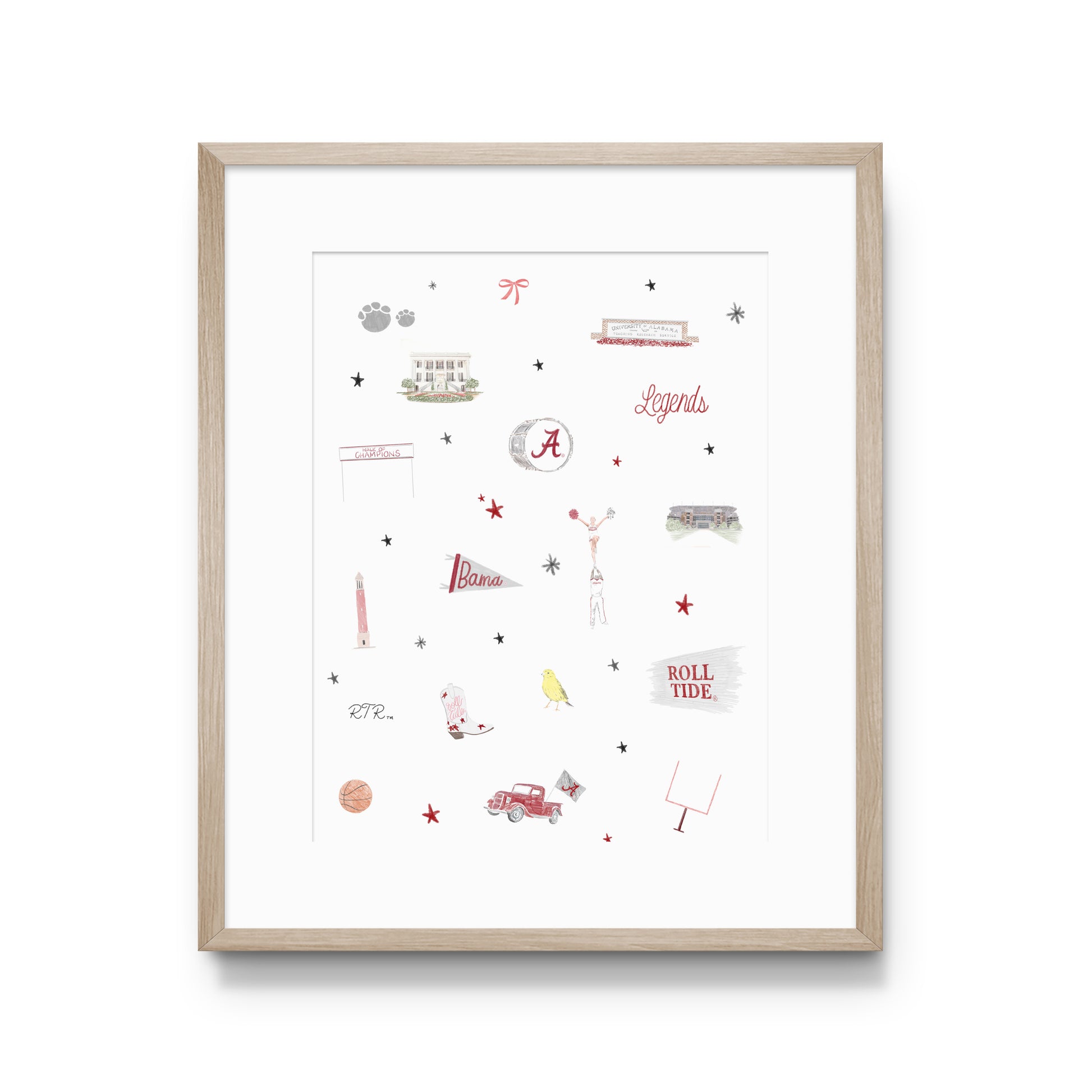 Watercolor print of University of Alabama landmarks & icons.