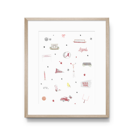 Watercolor print of University of Alabama landmarks & icons.