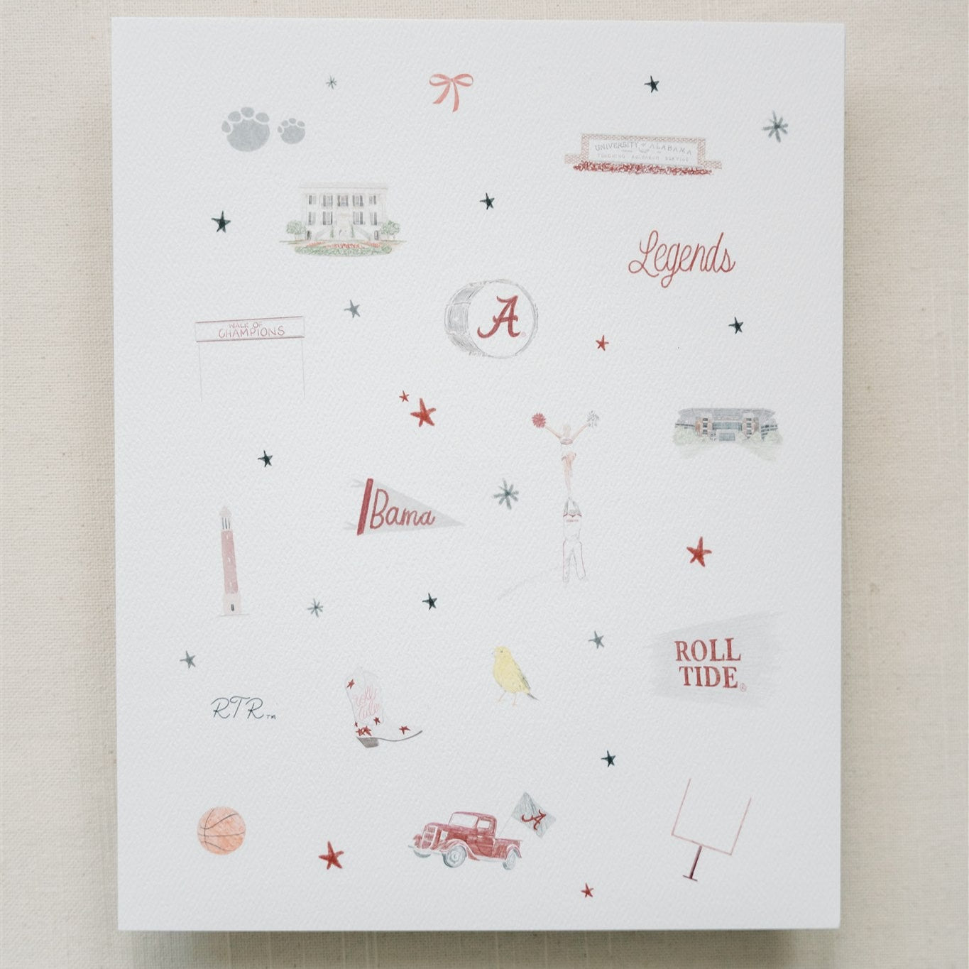 Watercolor print of University of Alabama landmarks & icons.