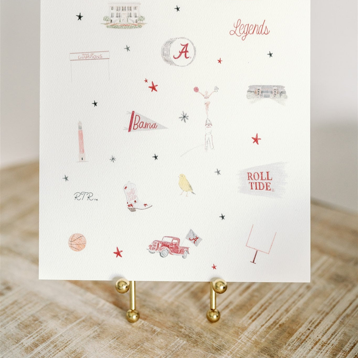 Watercolor print of University of Alabama landmarks & icons.