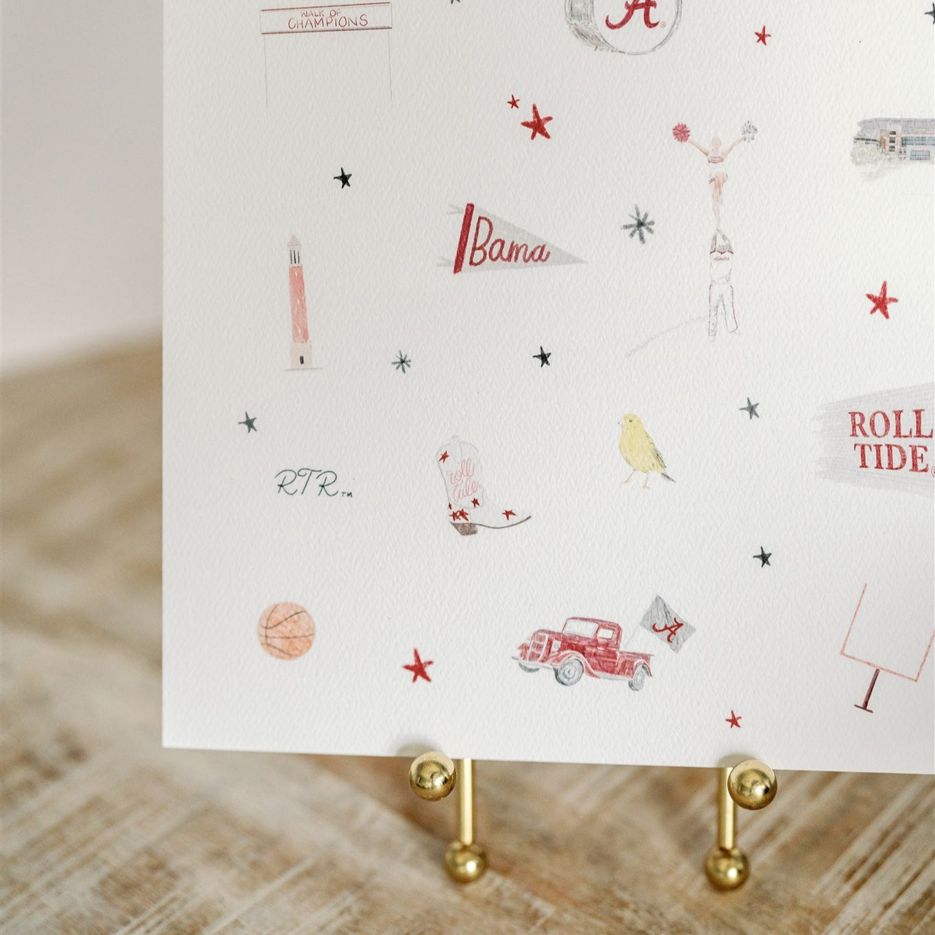 Watercolor print of University of Alabama landmarks & icons.