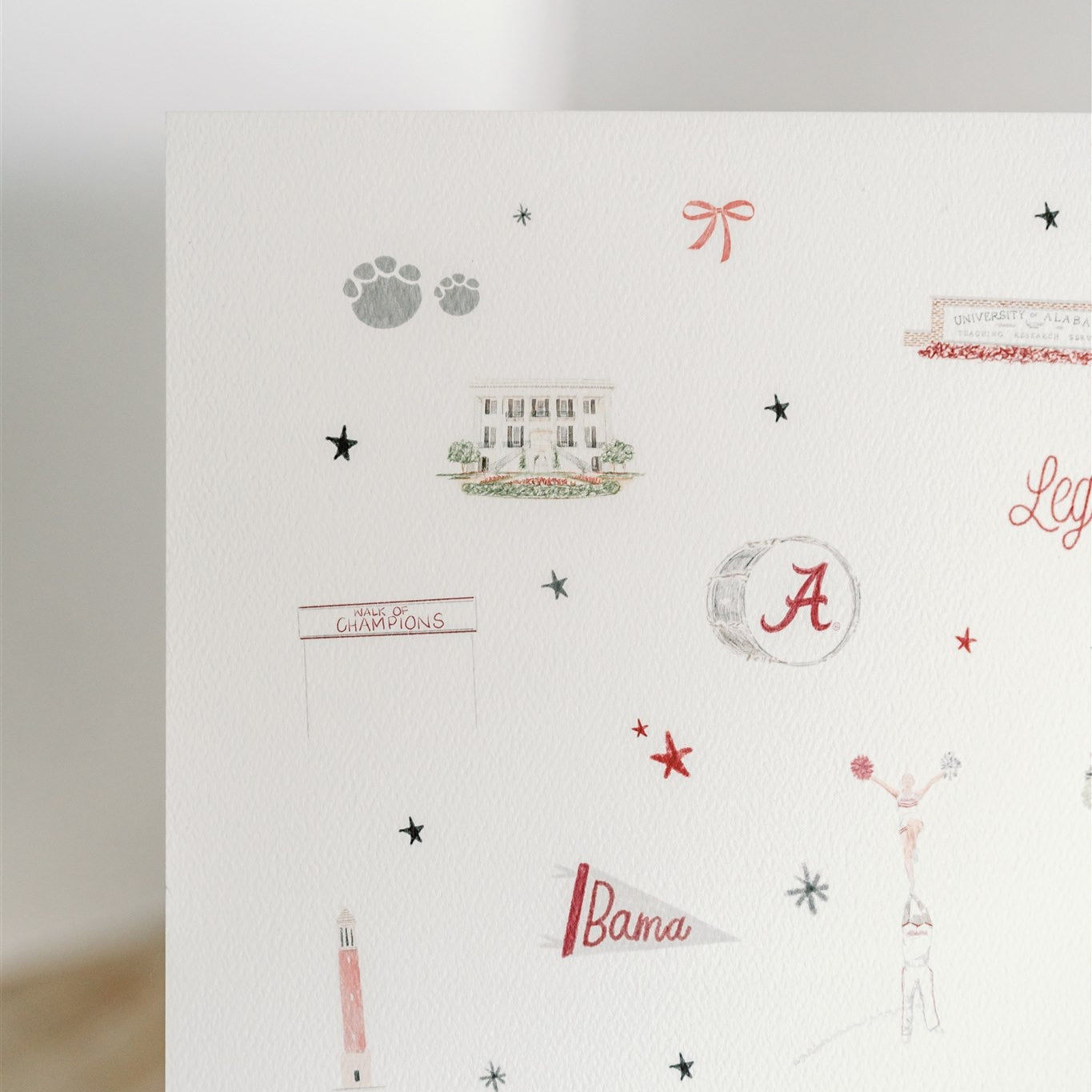 Watercolor print of University of Alabama landmarks & icons.