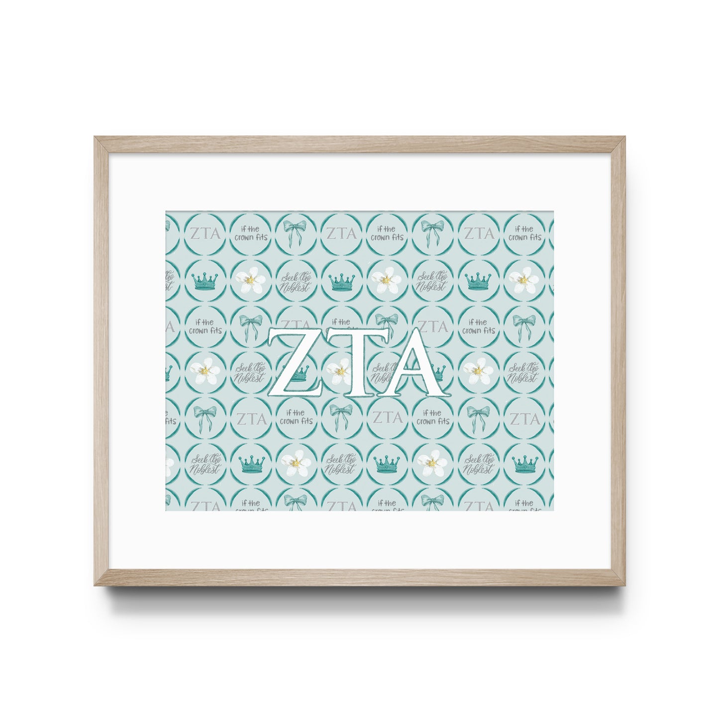 Framed poster with Zeta Tau Alpha Greek letters and pattern design on a white background