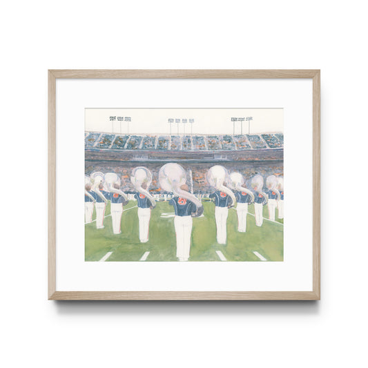 Watercolor art of Auburn University's Marching Band Tuba section in Jordan Hare Stadium.