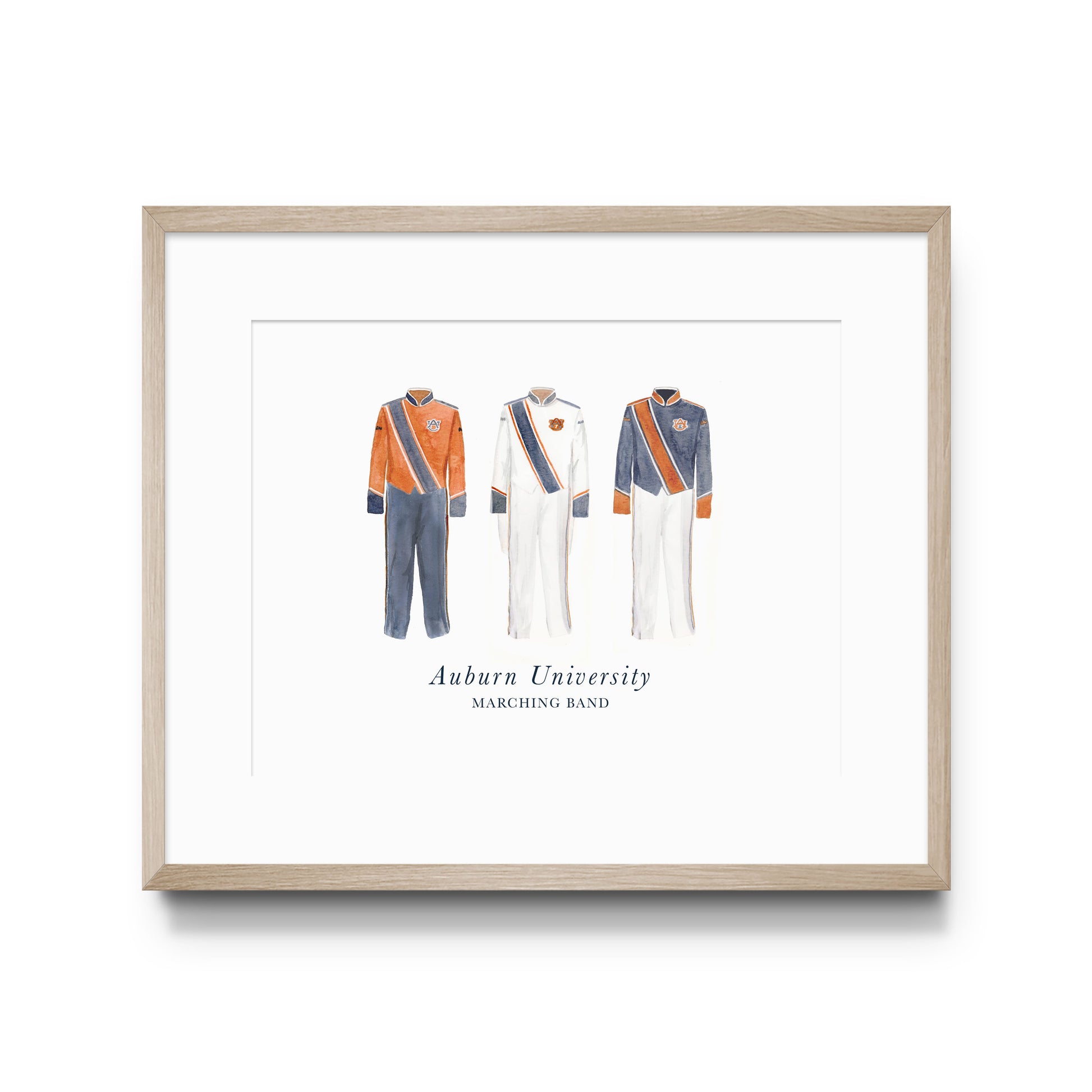 Watercolor print of Auburn University's 3 AUMB Uniforms