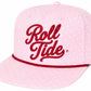 A light pink flat-brim cap with white polka dots, featuring 'Roll Tide' embroidered in red script across the front, with a red stripe along the brim.