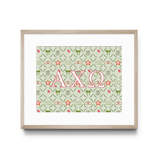 Framed poster with Alpha Chi Omega Greek letters and pattern on a white background