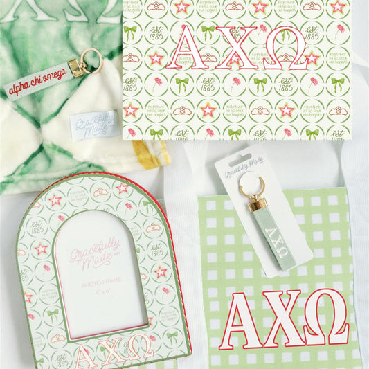 Collection of Alpha Chi Omega products including art print, picture frame, and tote bag.