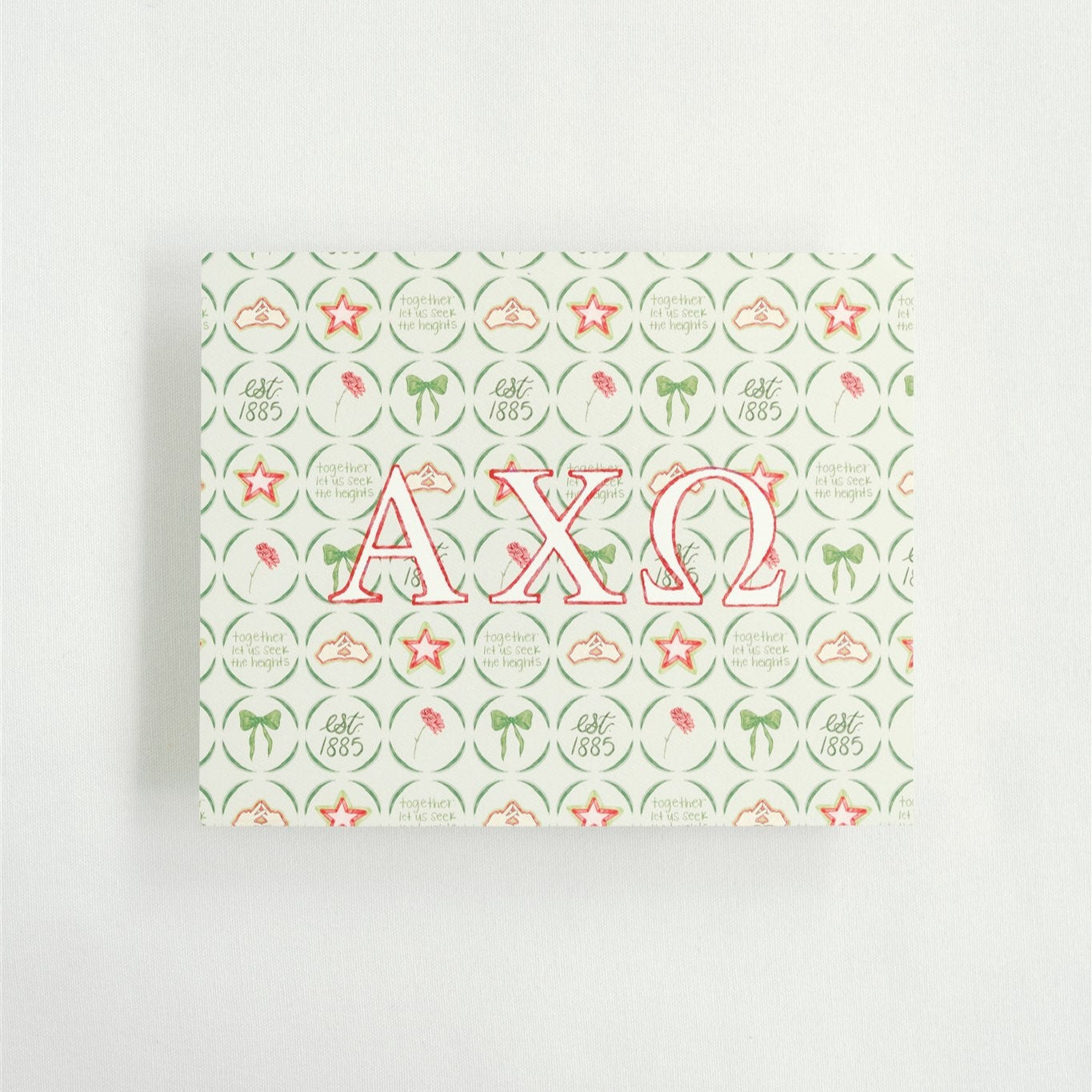Art print with Alpha Chi Omega Greek letters and pattern on a white background