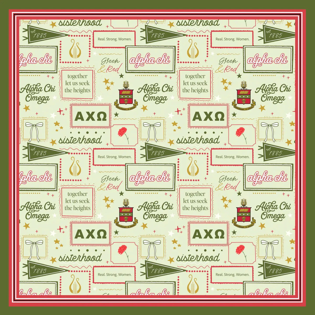 A close up of a silk scarf themed to Alpha Chi Omega with pennant flags, text boxes, crowns, stars, and ribbon motifs in red, green, cream, and gold tones.