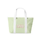 Green gingham tote bag with Alpha Chi Omega Greek letters on a white background