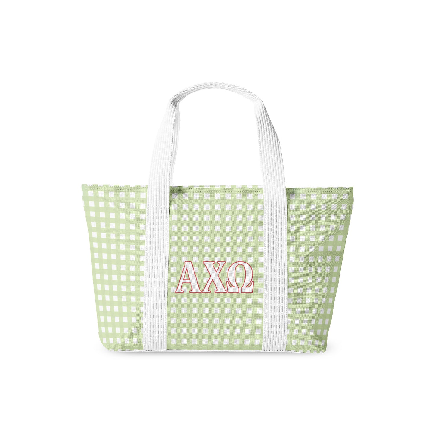 Green gingham tote bag with Alpha Chi Omega Greek letters on a white background