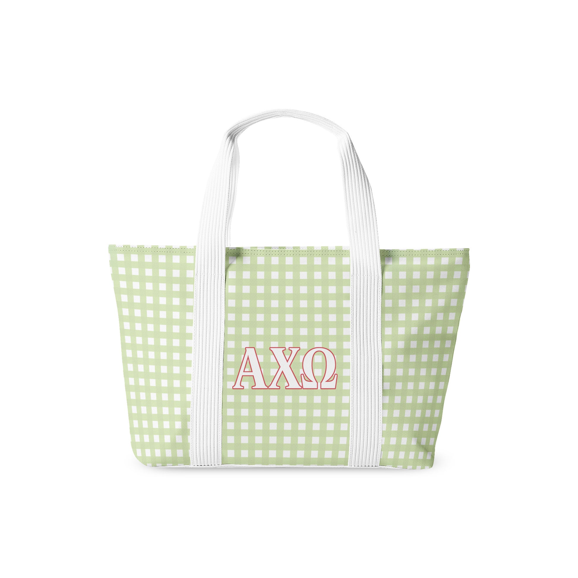 Green gingham tote bag with Alpha Chi Omega Greek letters on a white background