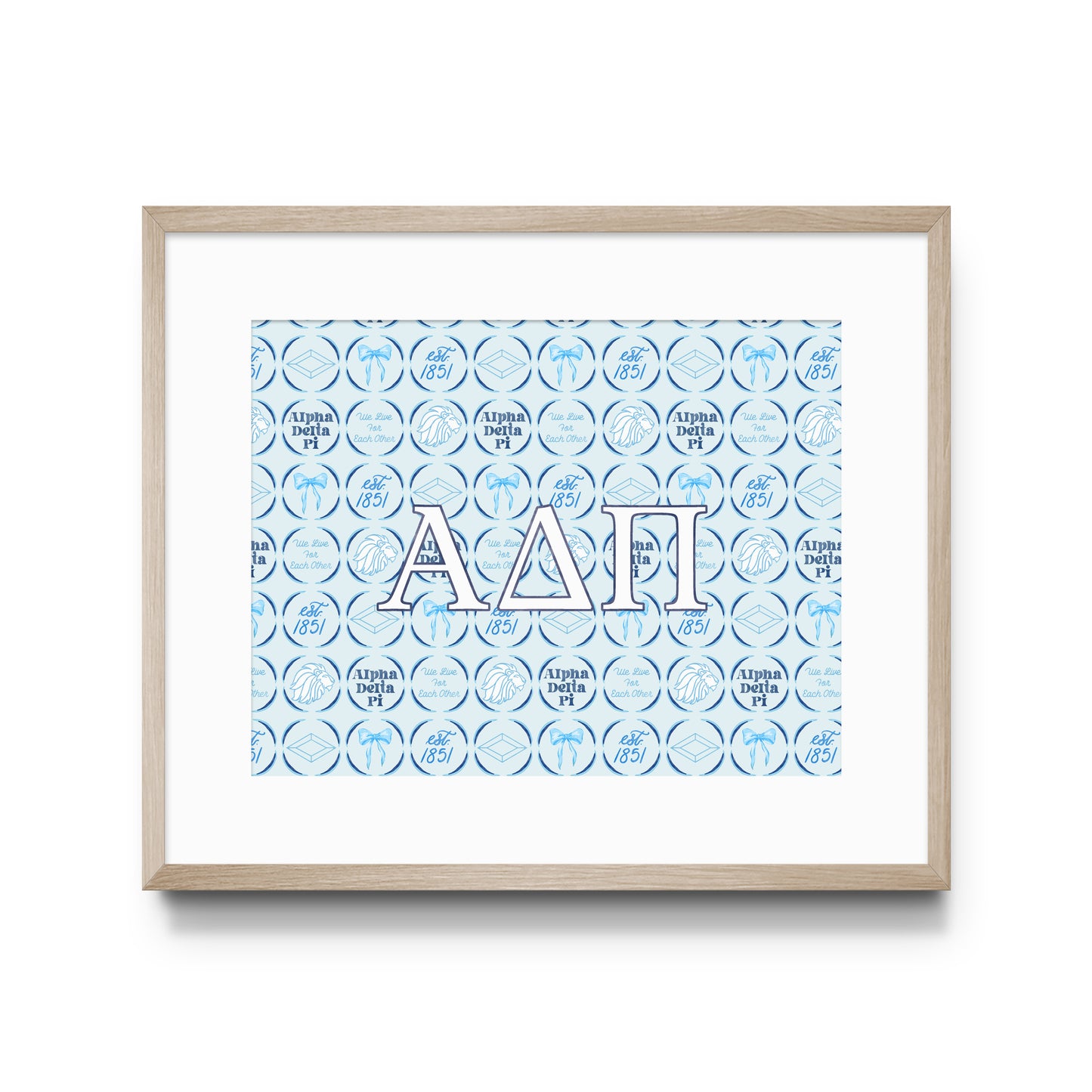 Framed poster with blue and white design featuring 'Alpha Delta Pi' Greek letters on a white background