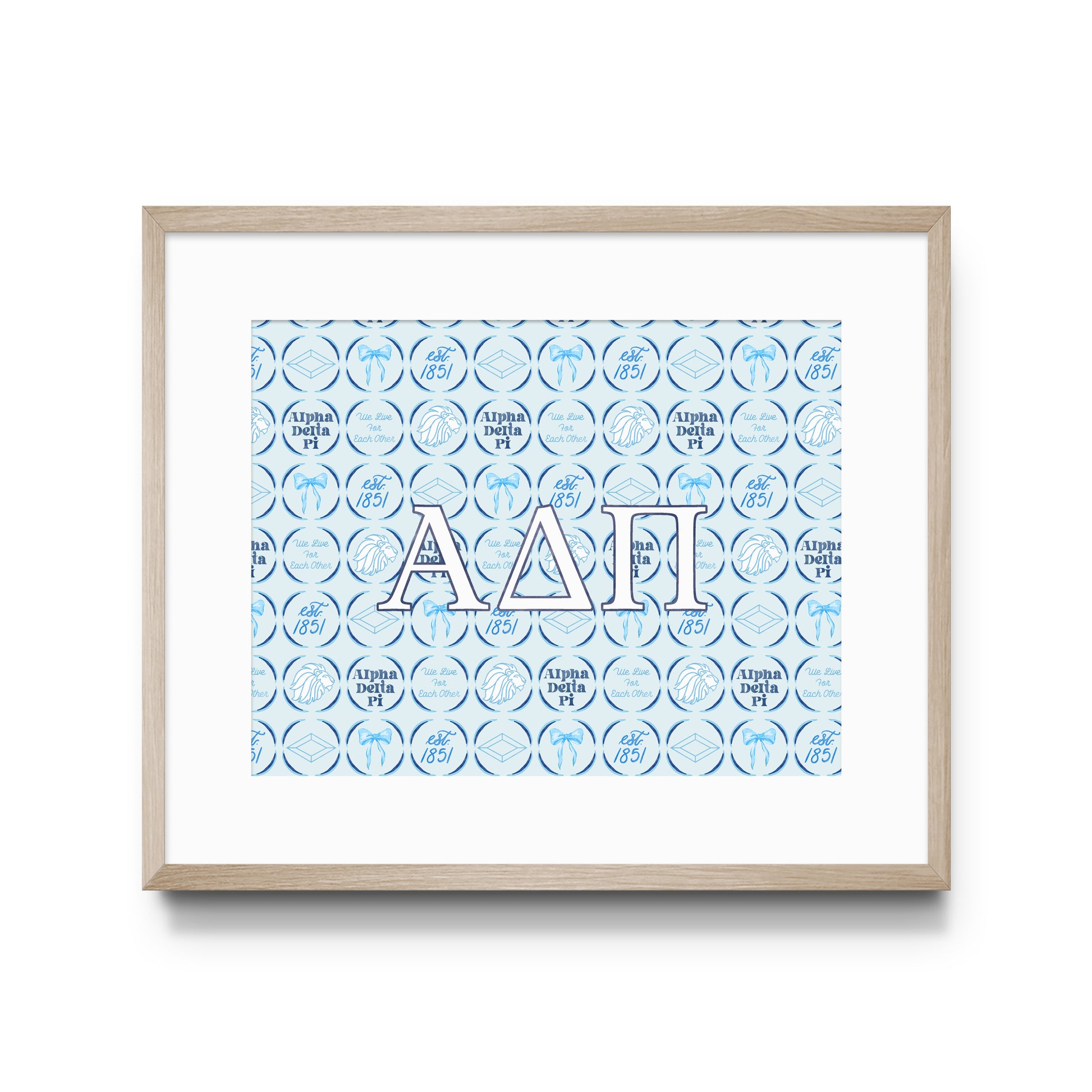 Framed poster with blue and white design featuring 'Alpha Delta Pi' Greek letters on a white background