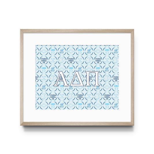 Framed poster with blue and white design featuring 'Alpha Delta Pi' Greek letters on a white background