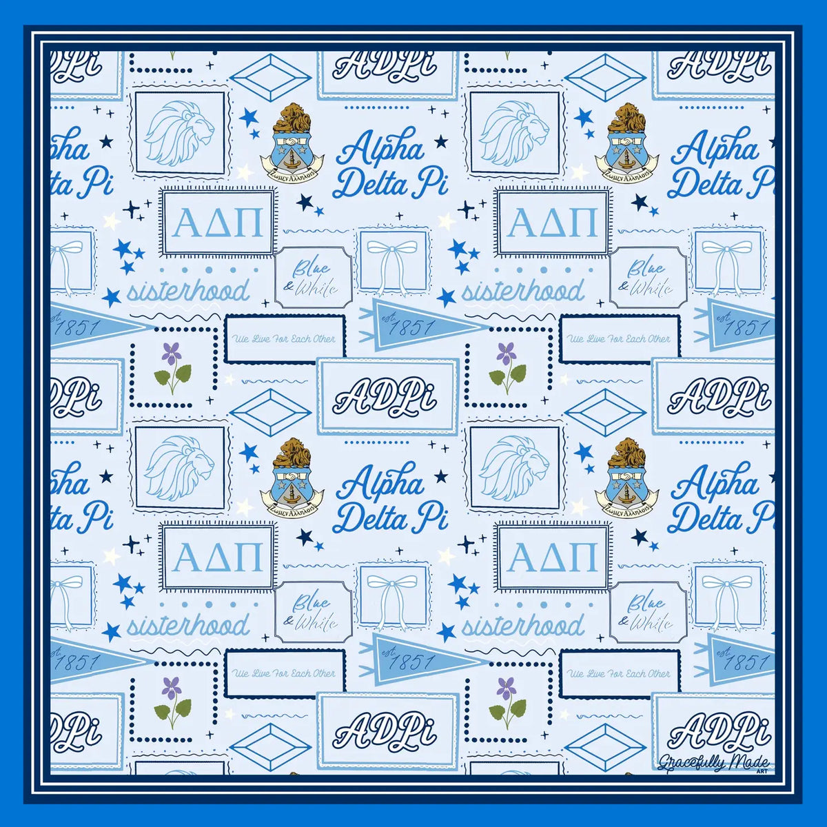 A square fabric featuring a repeating Alpha Delta Pi sorority pattern with blue and white graphics, including the Alpha Delta Pi crest, 'sisterhood' text, and decorative icons, framed by a dark blue border.