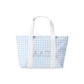 Tote bag with blue gingham pattern and white Alpha Delta Pi Greek letters on a white background