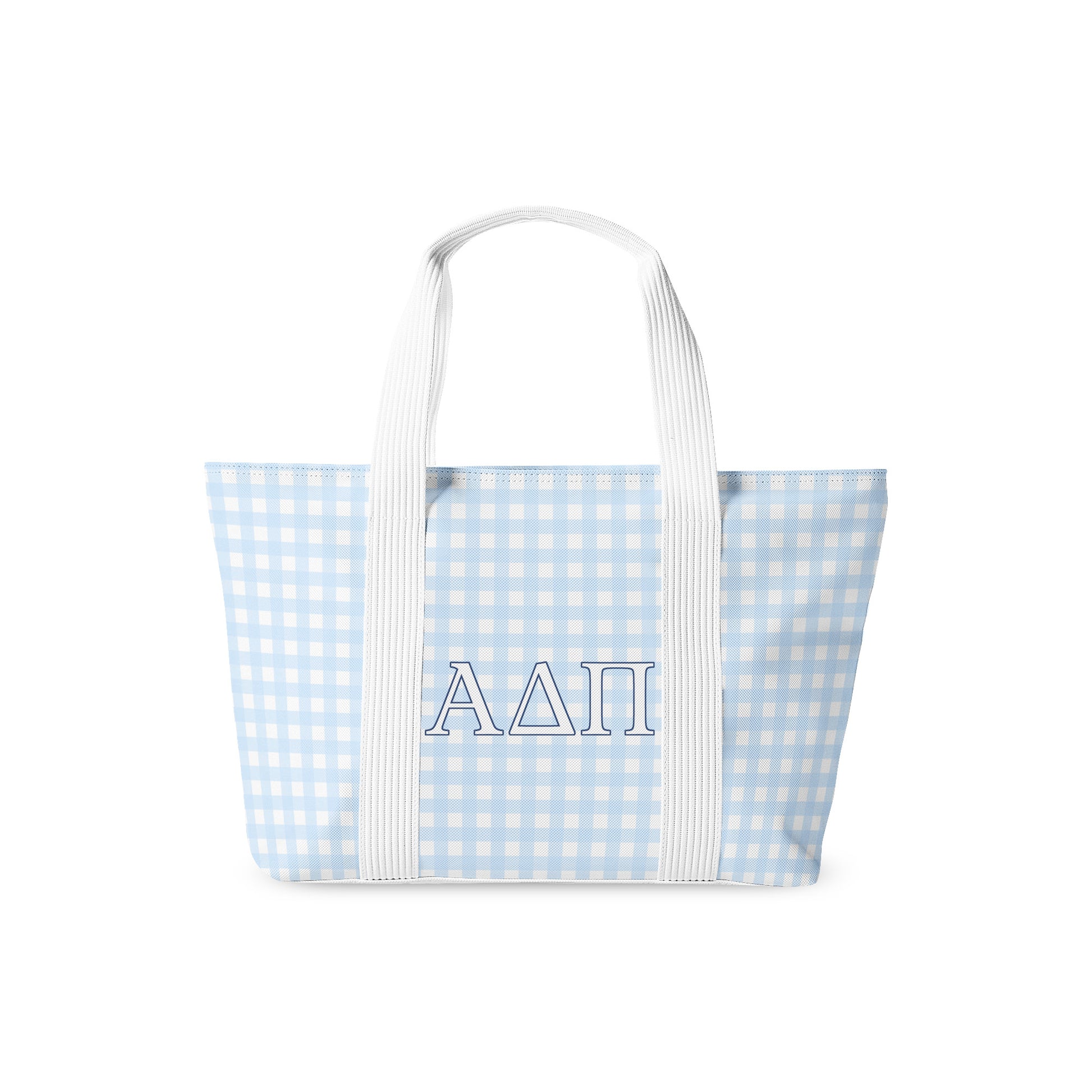 Tote bag with blue gingham pattern and white Alpha Delta Pi Greek letters on a white background