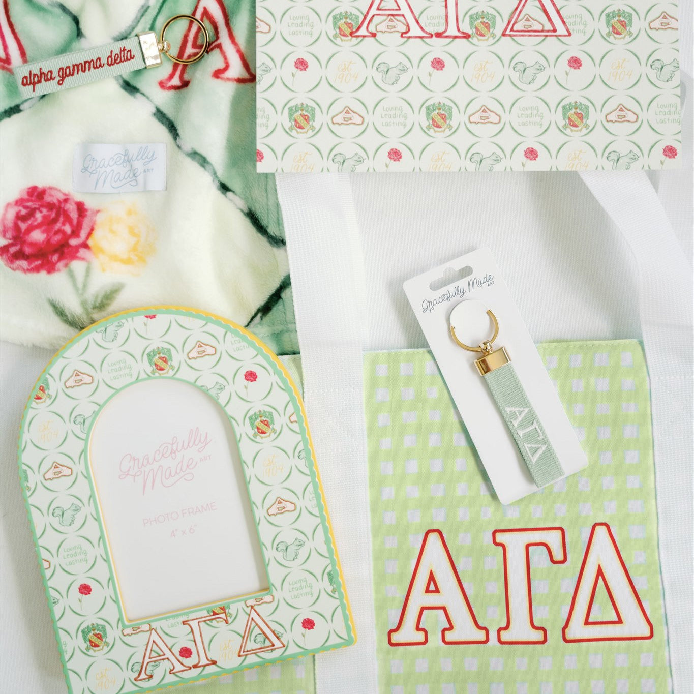 Collection of Alpha Gamma Delta themed items on a white background