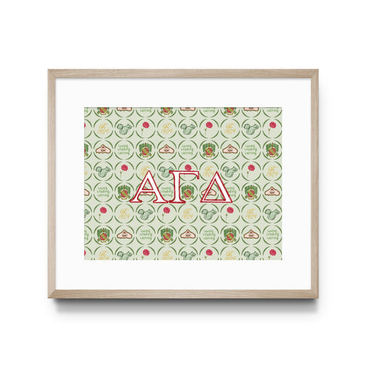 Framed artwork with Alpha Gamma Delta Greek letters and pattern on a white background