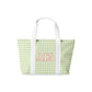 Green gingham tote bag with Alpha Gamma Delta Greek letters on a white background