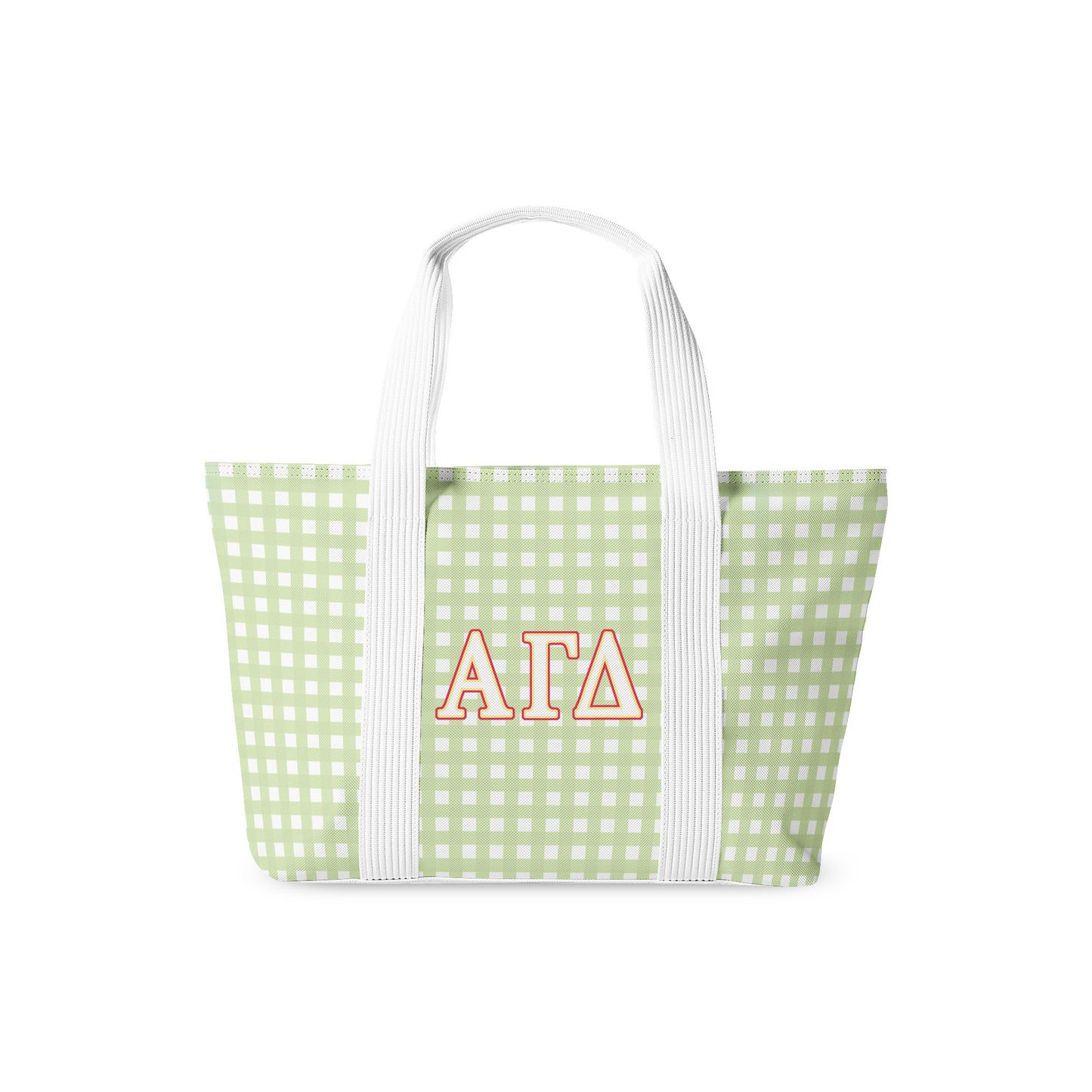 Green gingham tote bag with Alpha Gamma Delta Greek letters on a white background