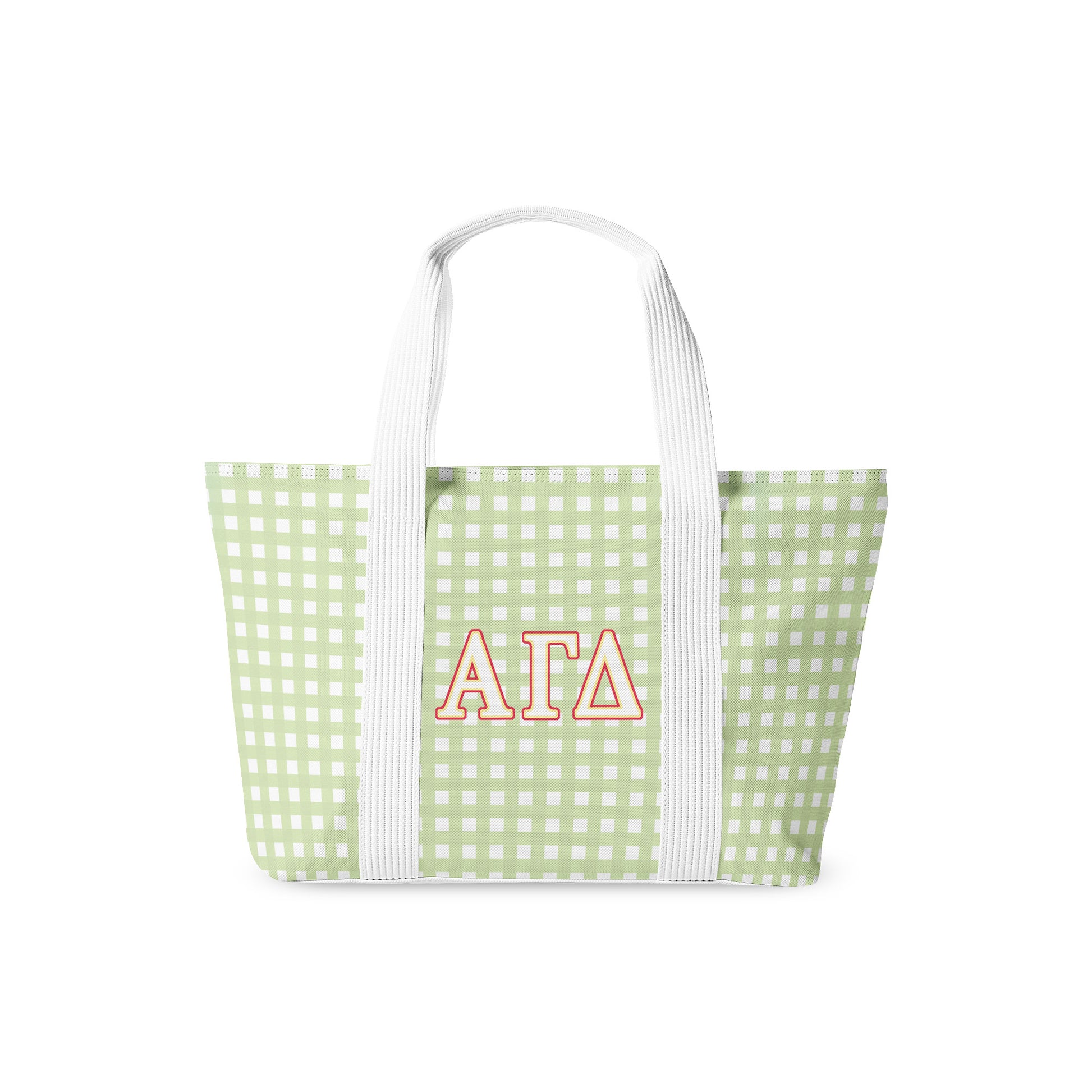 Green gingham tote bag with Alpha Gamma Delta Greek letters on a white background