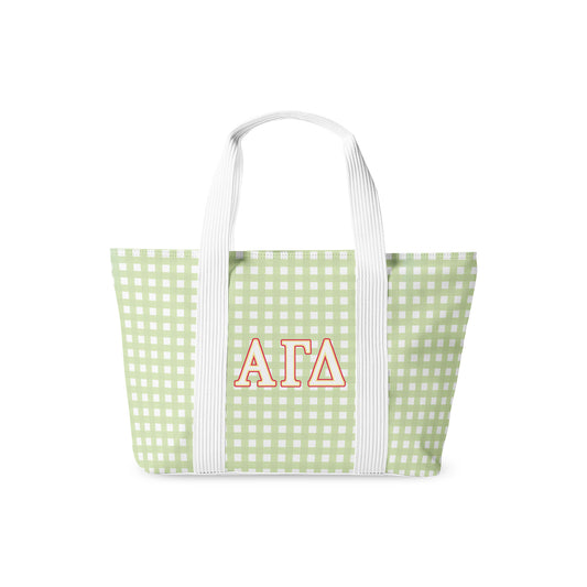 Green gingham tote bag with Alpha Gamma Delta Greek letters on a white background