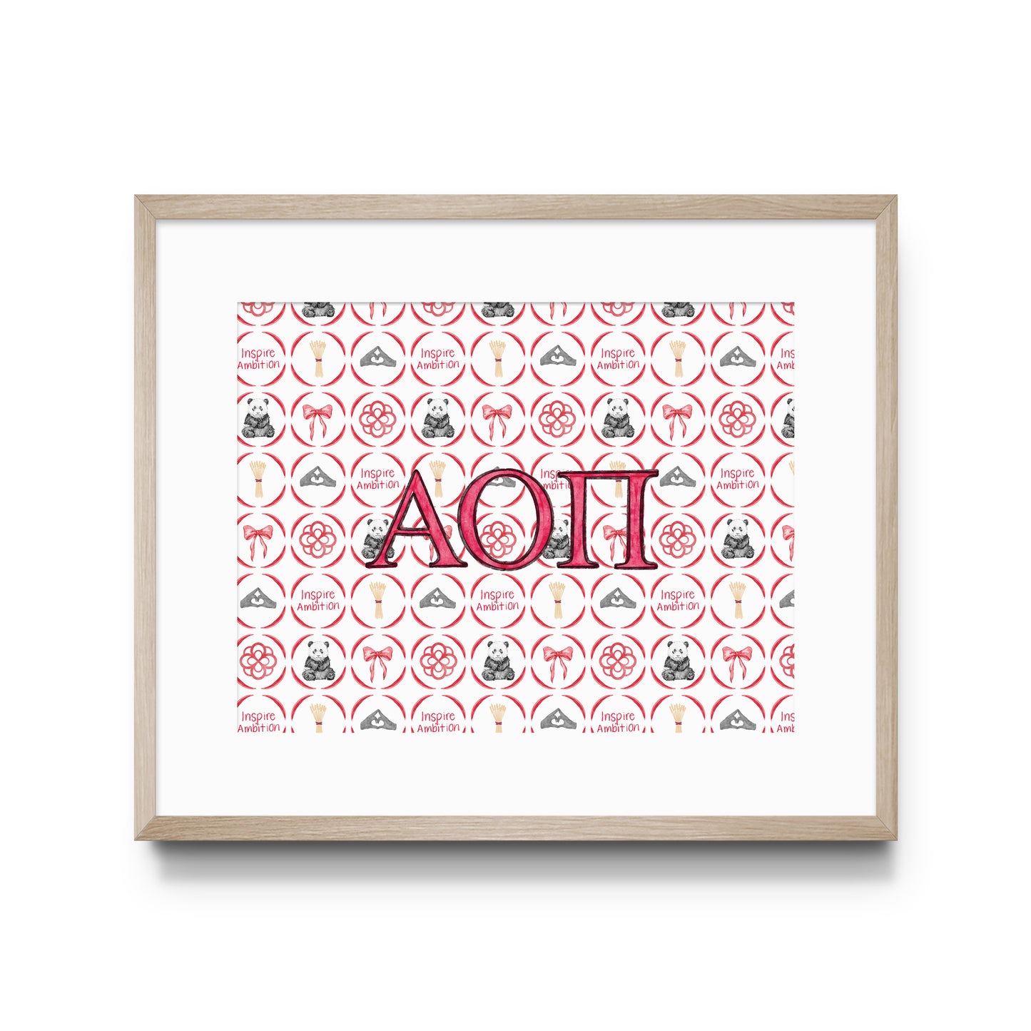 Framed poster with Alpha Omicron Pi Greek letters and design on a white background
